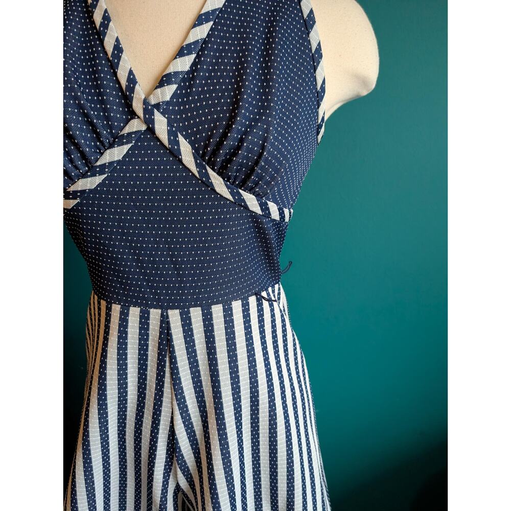 Vintage 70s Disco Jumpsuit Palazzo Wide Leg One Piece Retro Stripe Party Outfit - Picture 3 of 9
